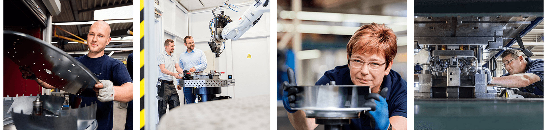 Hier sieht man mehrere Bilder von Mitarbeitern aus der Produktion, wie sie Teile in eine Maschine einlegen, ein Programm oder Produkt prüfen oder eine Maschine rüsten.
